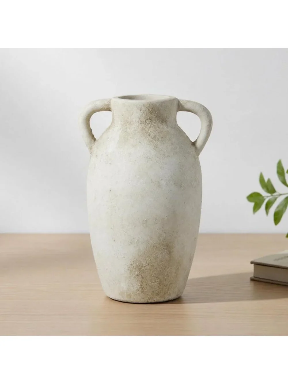 Rustic 9.8-Inch Beige Ceramic Vase with Handles - Farmhouse Decor Accent